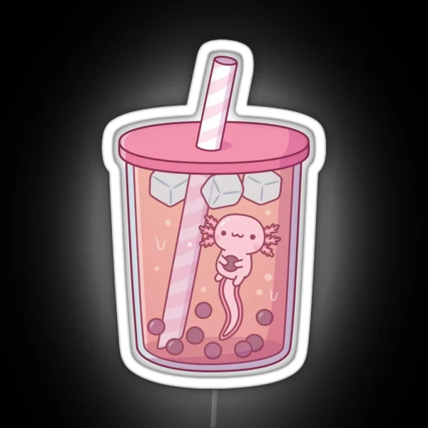 Cute Axolotl Swimming In Bubble Tea RGB Neon Sign