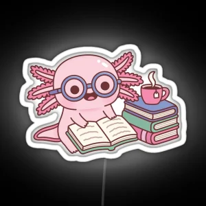 Cute Axolotl With Glasses Reading A Book RGB Neon Sign