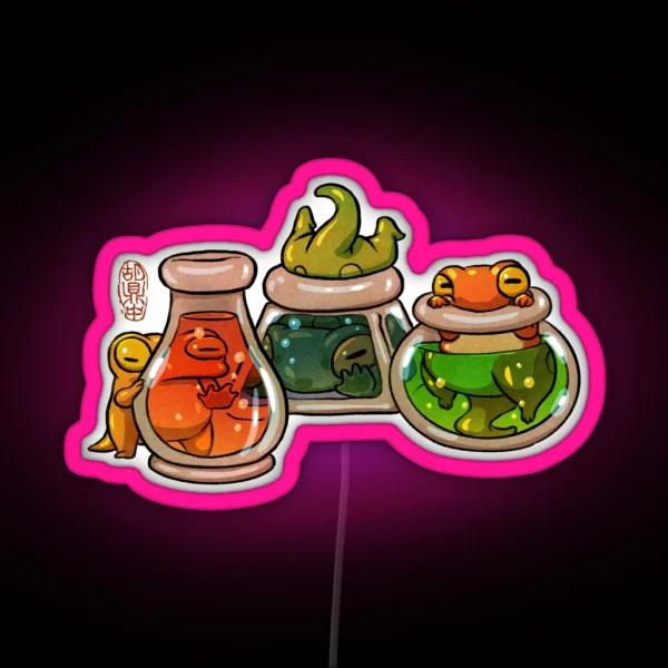 Cute Baby Froglets Playing With Fantasy Potions Artwork Asian Style RGB Neon Sign