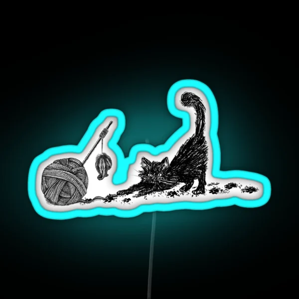 Cute Black Cat Playing With Yarn RGB Neon Sign