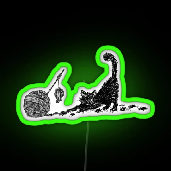 Cute Black Cat Playing With Yarn RGB Neon Sign