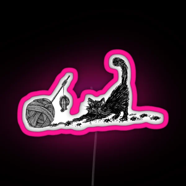 Cute Black Cat Playing With Yarn RGB Neon Sign