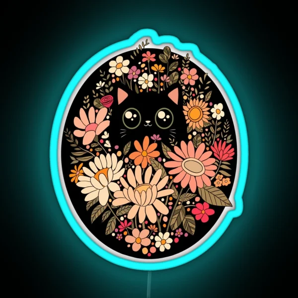Cute Black Cat With Flowers RGB Neon Sign