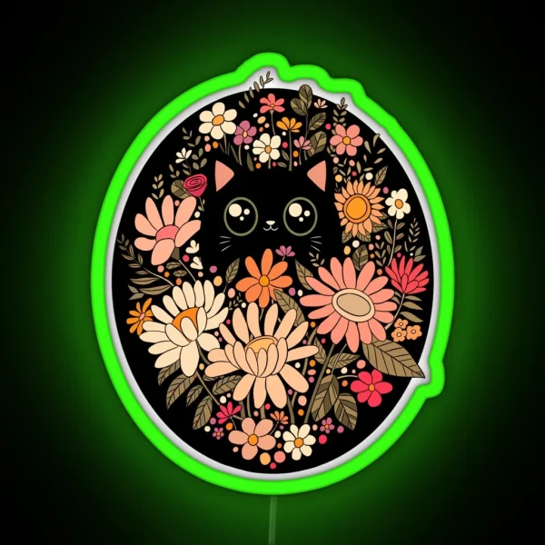 Cute Black Cat With Flowers RGB Neon Sign