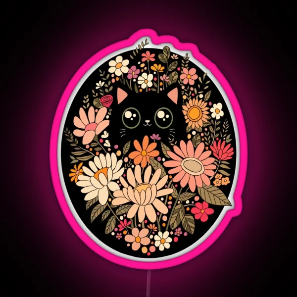 Cute Black Cat With Flowers RGB Neon Sign