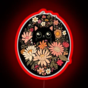 Cute Black Cat With Flowers RGB Neon Sign