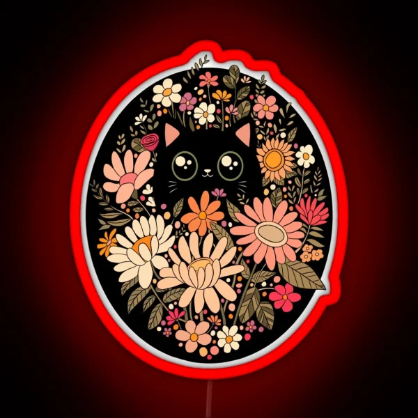 Cute Black Cat With Flowers RGB Neon Sign