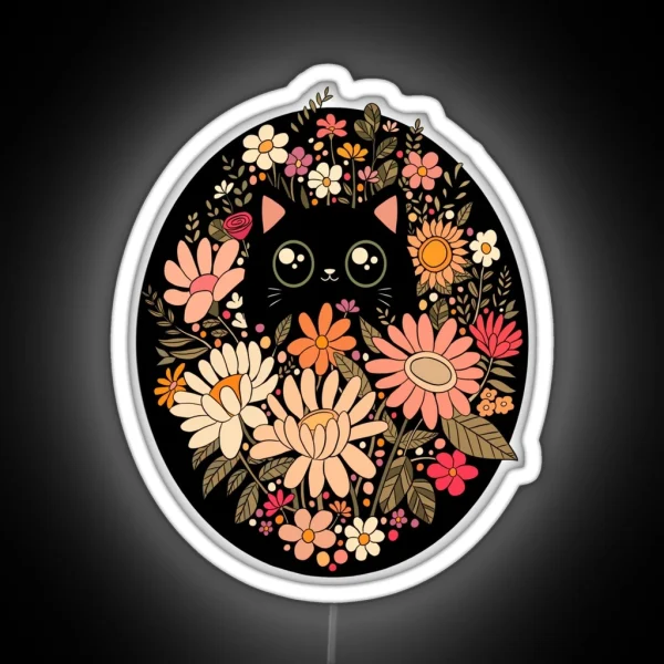 Cute Black Cat With Flowers RGB Neon Sign