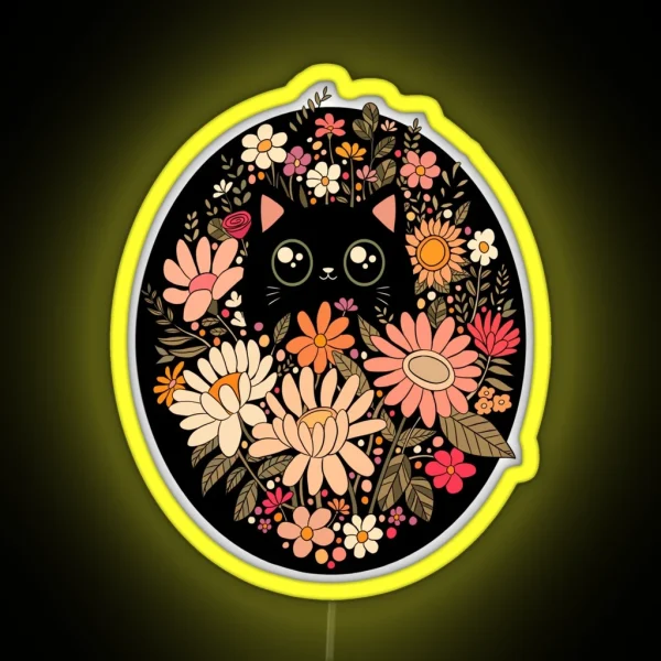 Cute Black Cat With Flowers RGB Neon Sign