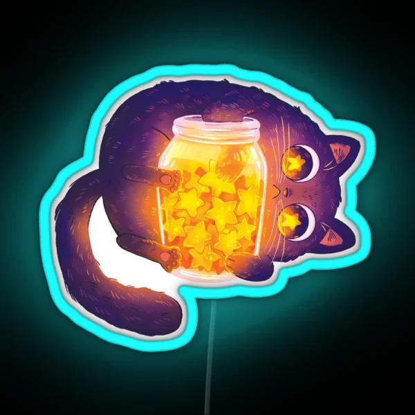 Cute Black Cat With His Star Jar RGB Neon Sign