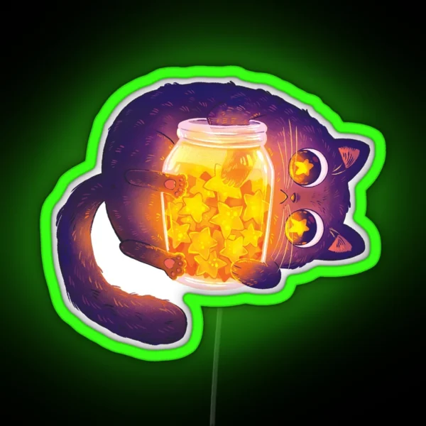 Cute Black Cat With His Star Jar RGB Neon Sign