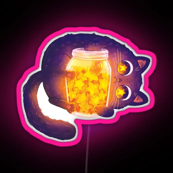 Cute Black Cat With His Star Jar RGB Neon Sign
