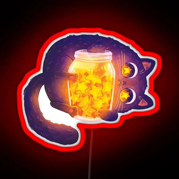 Cute Black Cat With His Star Jar RGB Neon Sign