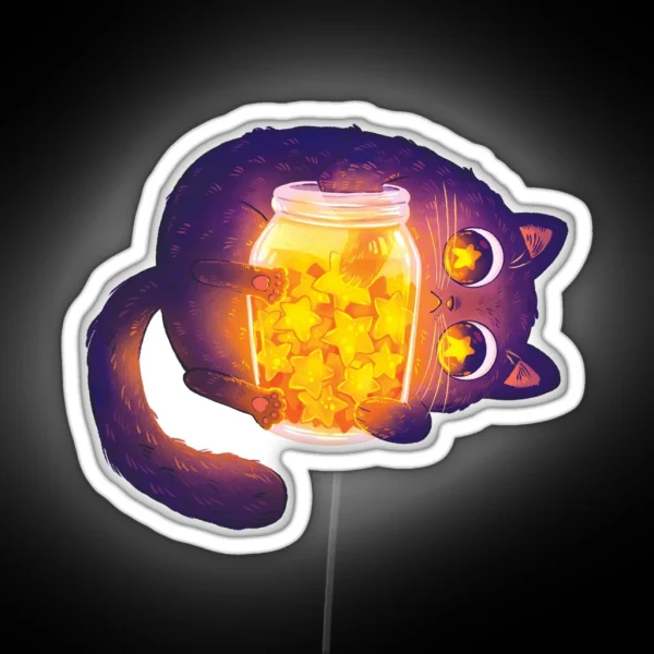 Cute Black Cat With His Star Jar RGB Neon Sign