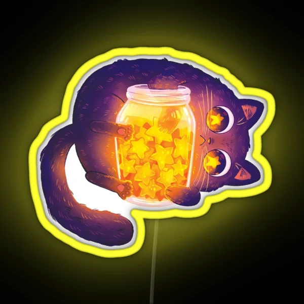 Cute Black Cat With His Star Jar RGB Neon Sign