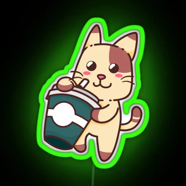 Cute Cat Drink Green Coffee Coffee Puns RGB Neon Sign