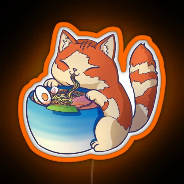 Cute Cat Eating Pork Ramen Playful Food RGB Neon Sign