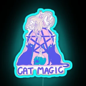 Cute Cats With Pentagram Cat Magic Fantasy Art RGB Neon Sign