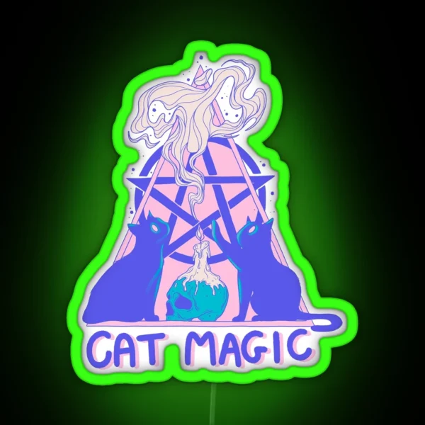 Cute Cats With Pentagram Cat Magic Fantasy Art RGB Neon Sign