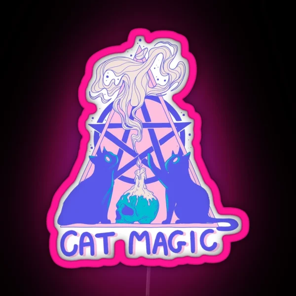 Cute Cats With Pentagram Cat Magic Fantasy Art RGB Neon Sign