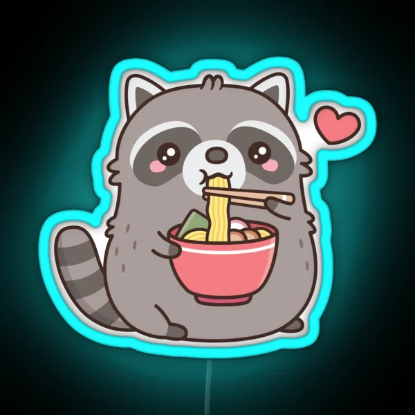 Cute Chubby Raccoon Loves Eating Ramen Noodles RGB Neon Sign