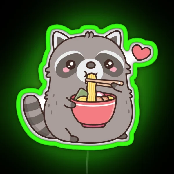 Cute Chubby Raccoon Loves Eating Ramen Noodles RGB Neon Sign