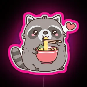 Cute Chubby Raccoon Loves Eating Ramen Noodles RGB Neon Sign