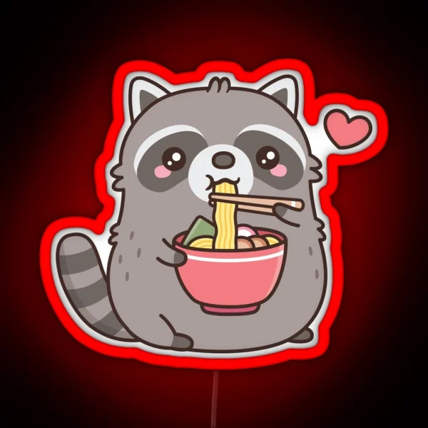 Cute Chubby Raccoon Loves Eating Ramen Noodles RGB Neon Sign
