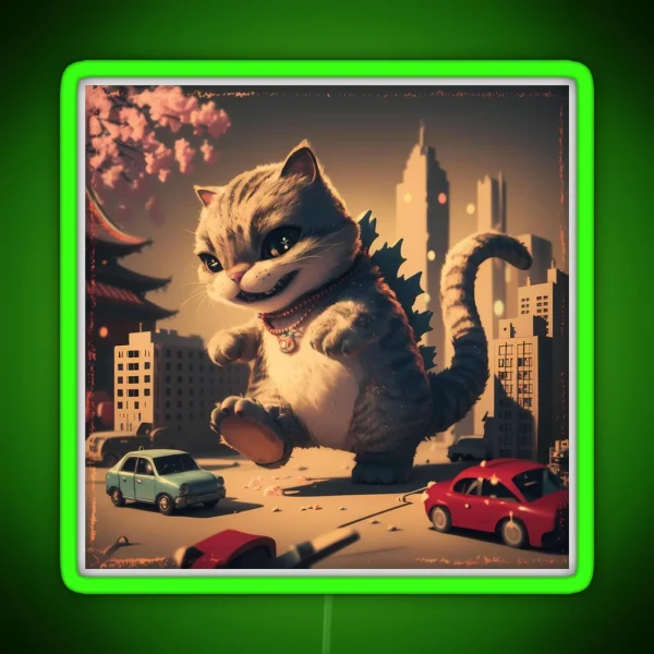 Cute Fluffy Giant Monster Catzilla Cat Lover RGB Neon Sign