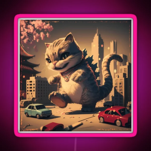 Cute Fluffy Giant Monster Catzilla Cat Lover RGB Neon Sign