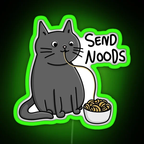 Cute Funny Cat Eating Noodles With Send Noods Quote Modern Minimal Cartoon Digital Illustration RGB Neon Sign