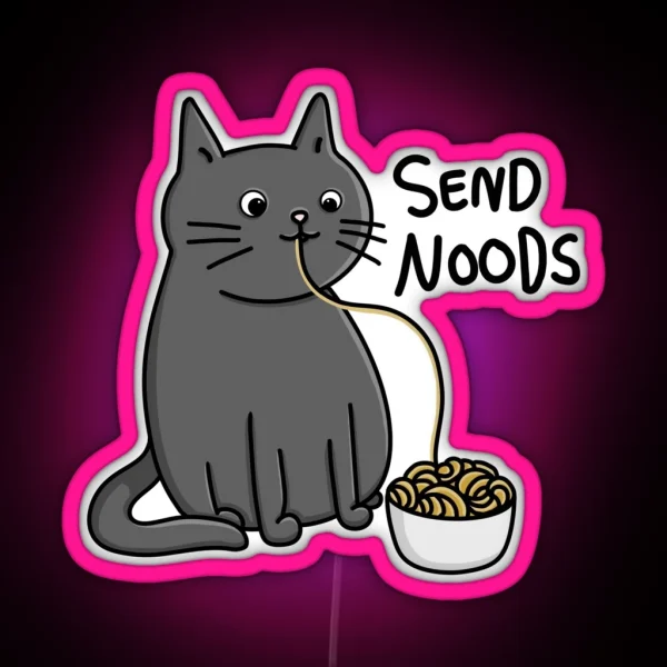 Cute Funny Cat Eating Noodles With Send Noods Quote Modern Minimal Cartoon Digital Illustration RGB Neon Sign