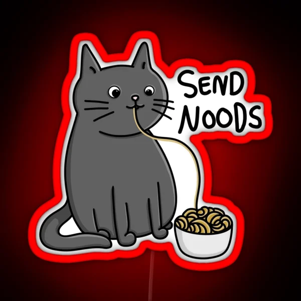 Cute Funny Cat Eating Noodles With Send Noods Quote Modern Minimal Cartoon Digital Illustration RGB Neon Sign