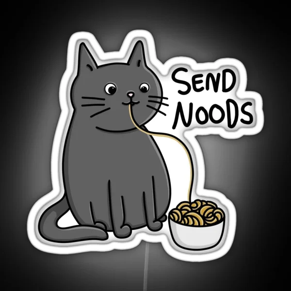 Cute Funny Cat Eating Noodles With Send Noods Quote Modern Minimal Cartoon Digital Illustration RGB Neon Sign