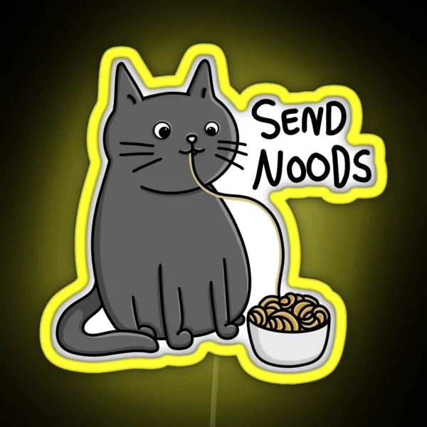 Cute Funny Cat Eating Noodles With Send Noods Quote Modern Minimal Cartoon Digital Illustration RGB Neon Sign