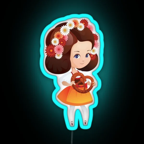 Cute German Girl In Dirndl With Pretzel RGB Neon Sign