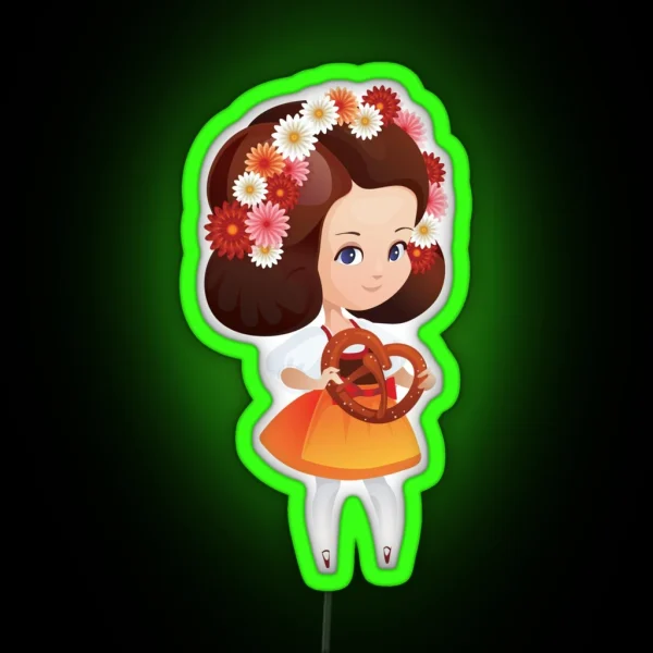 Cute German Girl In Dirndl With Pretzel RGB Neon Sign
