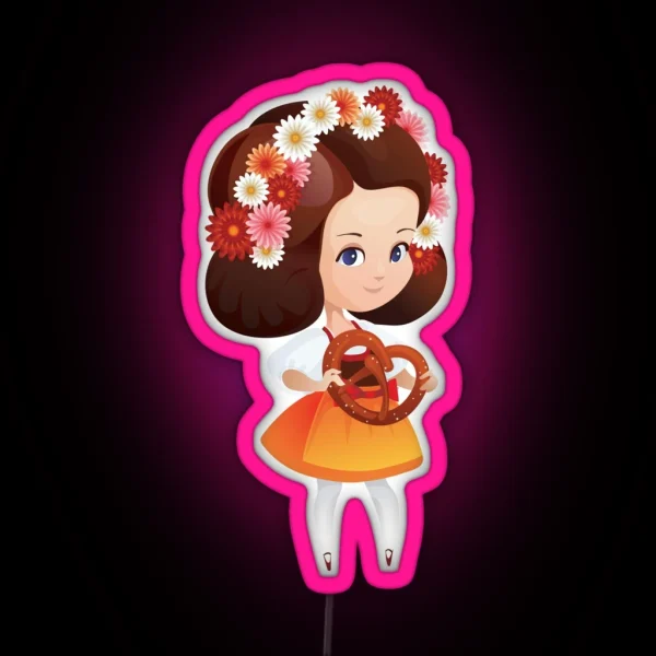 Cute German Girl In Dirndl With Pretzel RGB Neon Sign