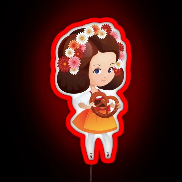 Cute German Girl In Dirndl With Pretzel RGB Neon Sign