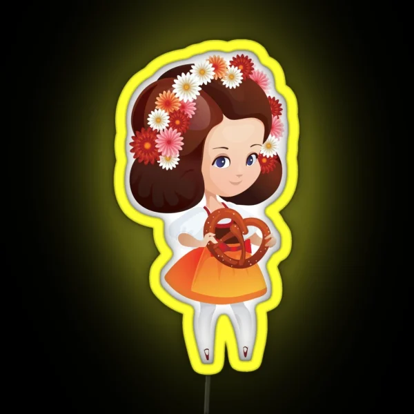 Cute German Girl In Dirndl With Pretzel RGB Neon Sign