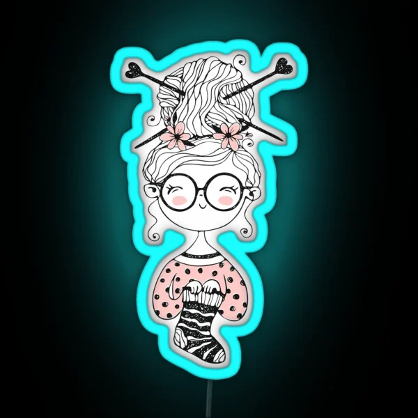 Cute Girl Knitting RGB Neon Sign