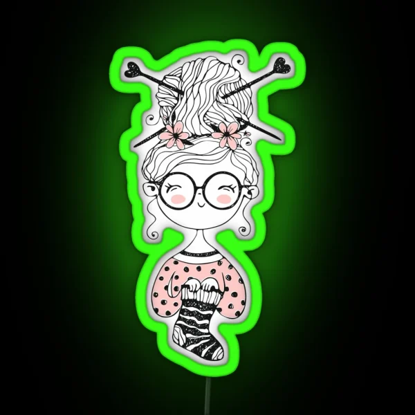Cute Girl Knitting RGB Neon Sign