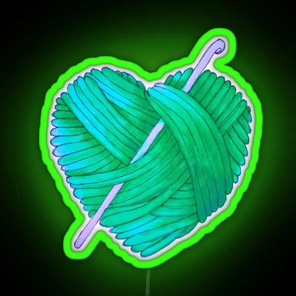 Cute Heart Ball Of Yarn And Crochet Hook In Teal Green Blue RGB Neon Sign