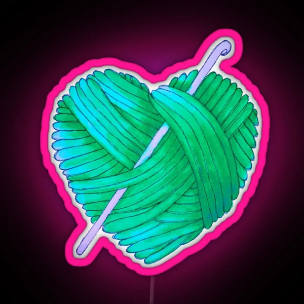 Cute Heart Ball Of Yarn And Crochet Hook In Teal Green Blue RGB Neon Sign