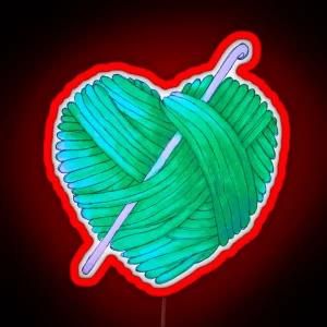 Cute Heart Ball Of Yarn And Crochet Hook In Teal Green Blue RGB Neon Sign