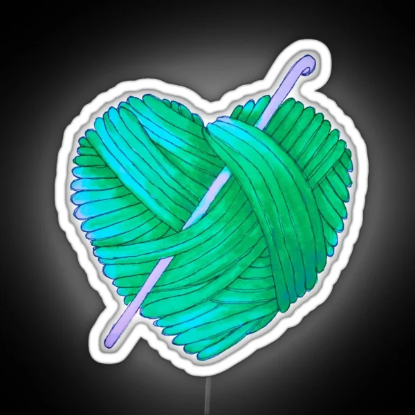 Cute Heart Ball Of Yarn And Crochet Hook In Teal Green Blue RGB Neon Sign