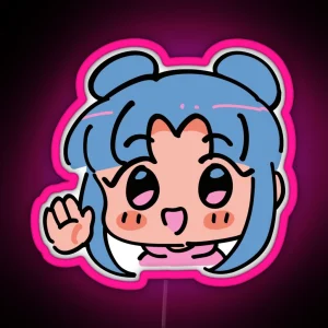 Cute Kawaii Anime Girl With Blue Hair Waving RGB Neon Sign