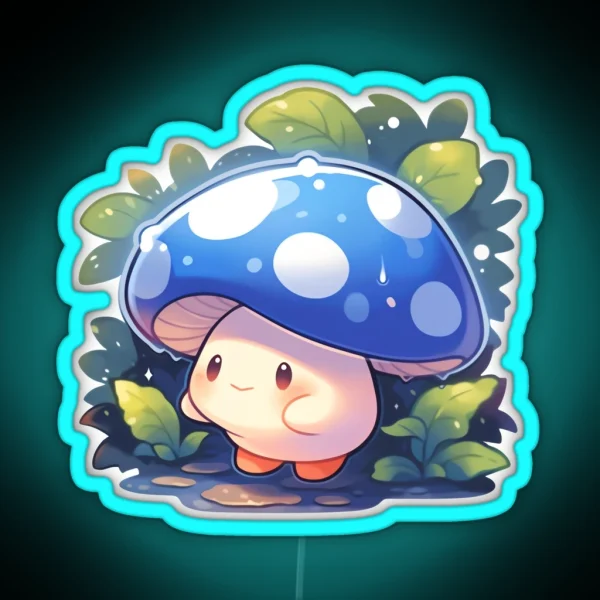 Cute Kawaii Blue Mushroom In The Warm Autumn Rain RGB Neon Sign