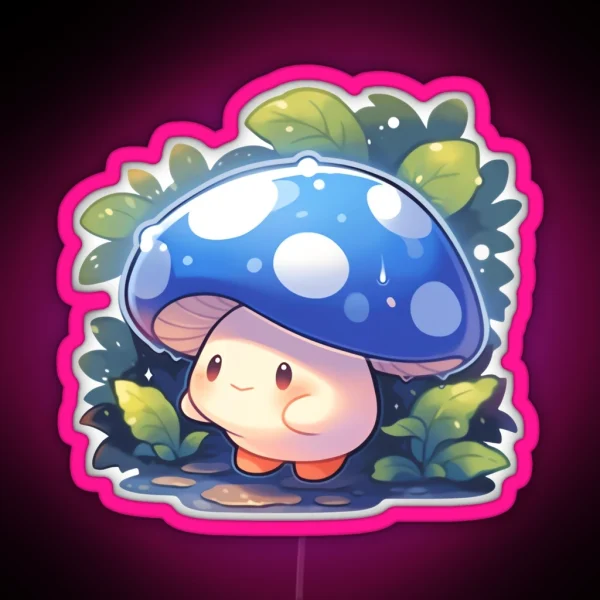 Cute Kawaii Blue Mushroom In The Warm Autumn Rain RGB Neon Sign