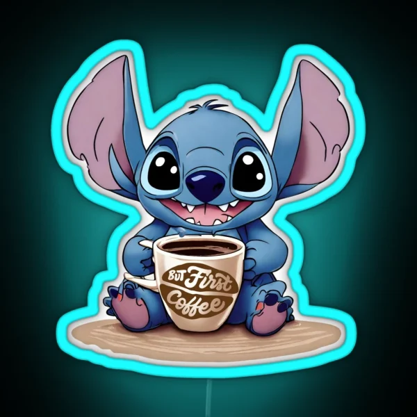 Cute Kawaii Stitch With Coffee RGB Neon Sign